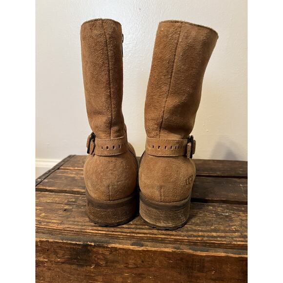 UGG Keppler Chestnut Brown Suede Moto Boots Sheep Wool Lined Heeled Sz 10 Boho - Picture 5 of 14